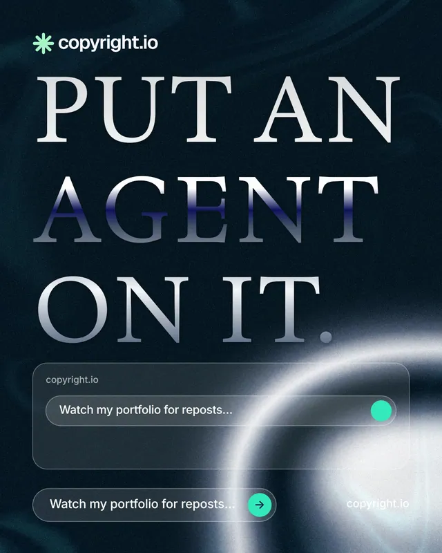 Instagram portrait post for copyright.io: "Put an agent on it." Agentic glass style, poster layout, dark palette in black, blue, grey.