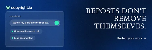 X header for copyright.io: "Reposts don't remove themselves." Minimal luxury style, right layout, dark palette in blue.