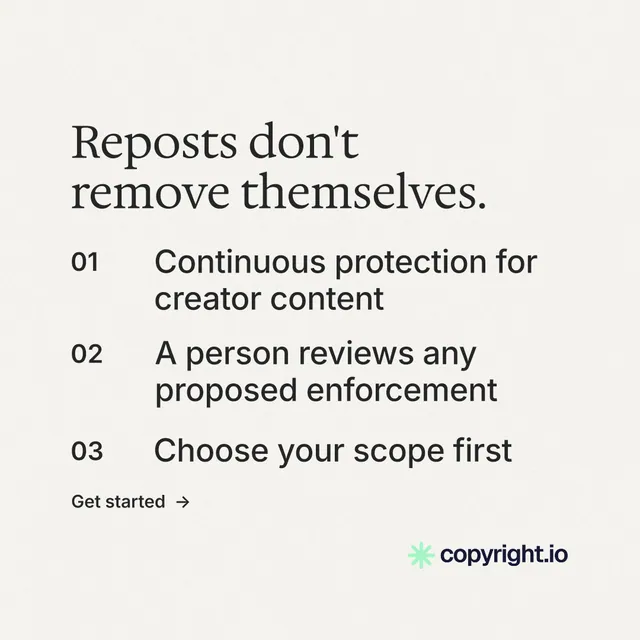 Instagram post for copyright.io: "Reposts don't remove themselves." Minimal luxury style, numbered layout, light palette in white.