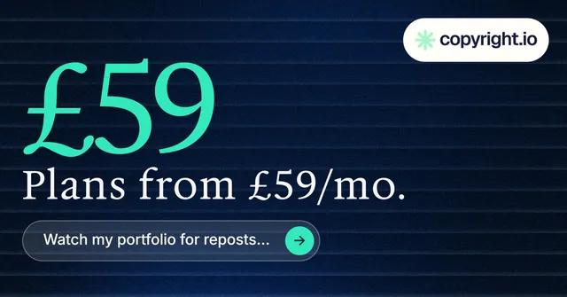 Social ad for copyright.io: "Protect your work." Agentic glass style, stat layout, dark palette in blue, black, teal.