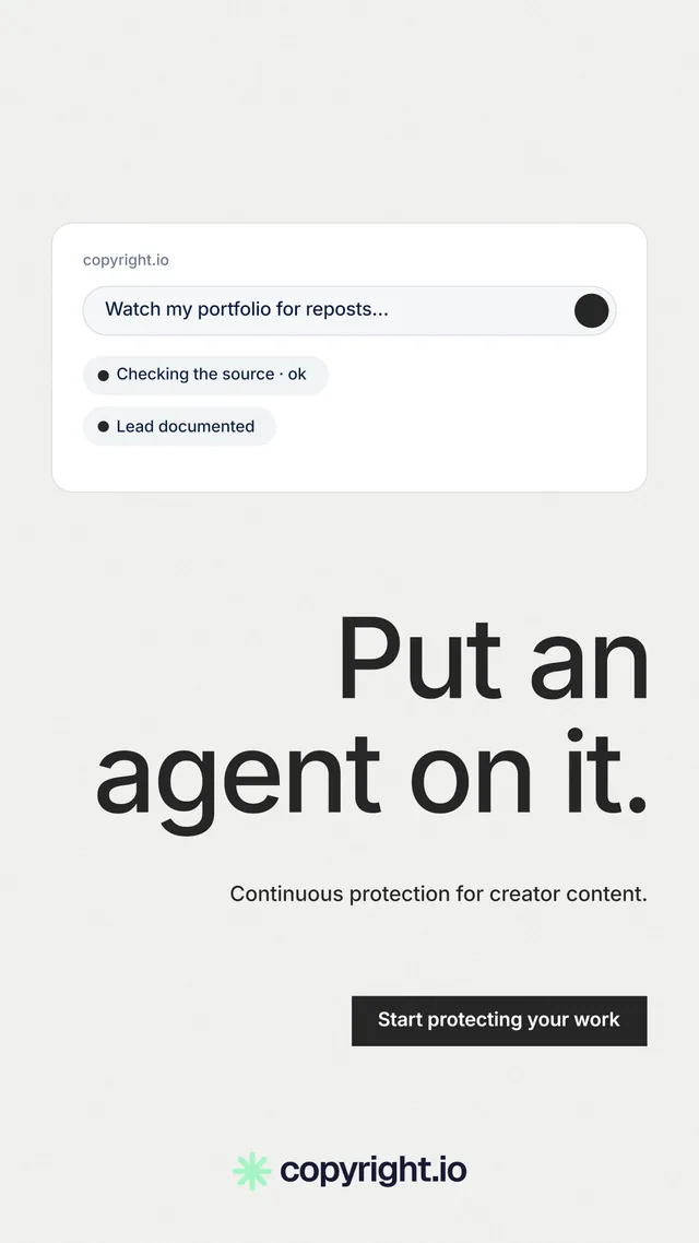 Instagram story for copyright.io: "Put an agent on it." Swiss style, right layout, light palette in white, grey.