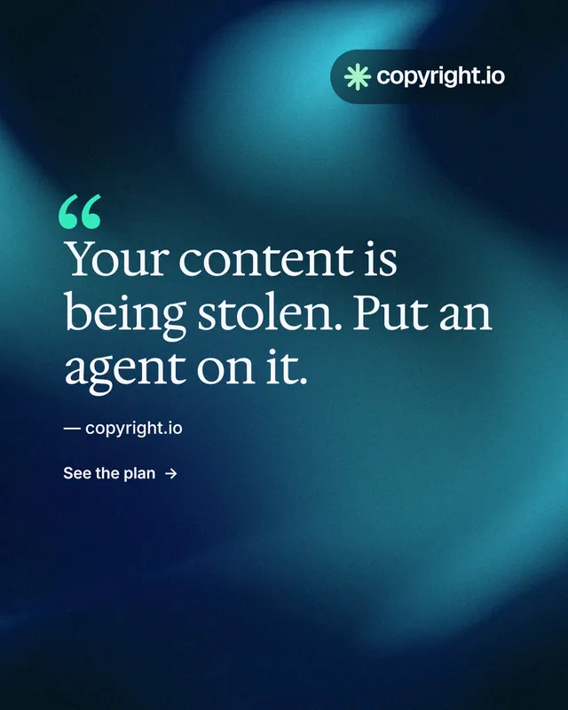 Instagram portrait post for copyright.io: "Reposts don't remove themselves." Minimal luxury style, quote layout, dark palette in blue, teal, black.