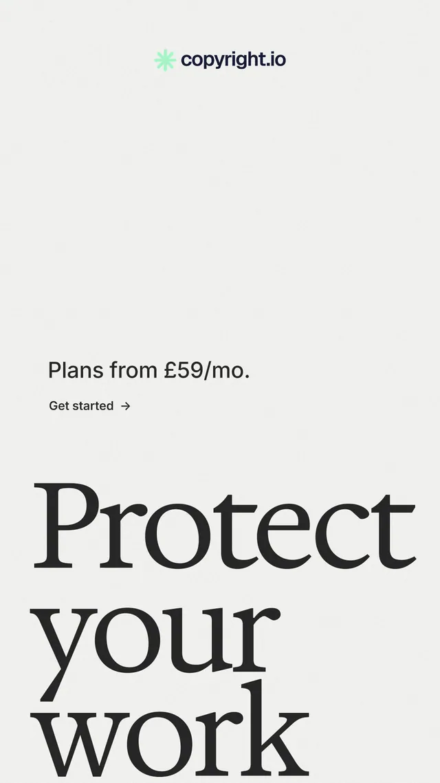 Instagram story for copyright.io: "Protect your work." Minimal luxury style, oversized layout, light palette in white, grey.