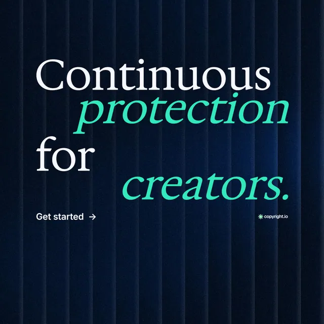 Instagram post for copyright.io: "Continuous protection for creators." Minimal luxury style, stacked layout, dark palette in black, blue, teal.