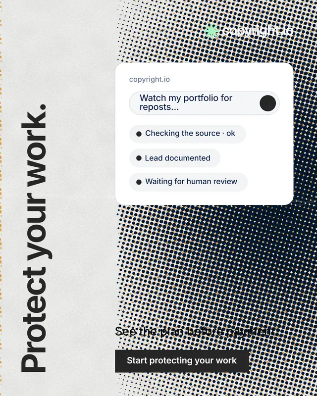 Instagram portrait post for copyright.io: "Protect your work." Swiss style, vertical layout, light palette in white, grey.