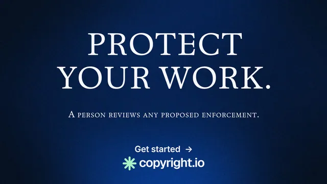 Landscape graphic for copyright.io: "Protect your work." Minimal luxury style, smallcaps layout, dark palette in blue, black.