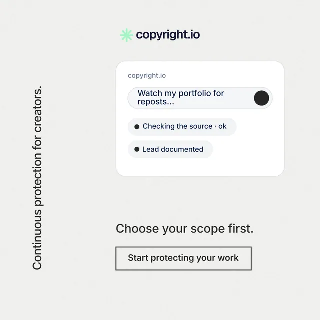 Instagram post for copyright.io: "Continuous protection for creators." Editorial style, vertical layout, light palette in white.