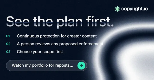 Social ad for copyright.io: "See the plan first." Agentic glass style, numbered layout, dark palette in black, blue, grey.