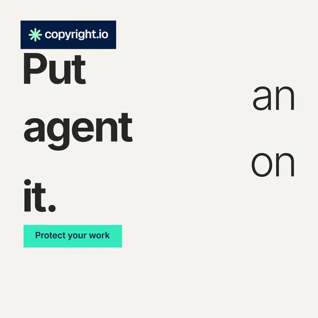 Instagram post for copyright.io: "Put an agent on it." Swiss style, stacked layout, light palette in white, grey.