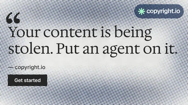 Landscape graphic for copyright.io: "Put an agent on it." Swiss style, quote layout, light palette in white, grey.