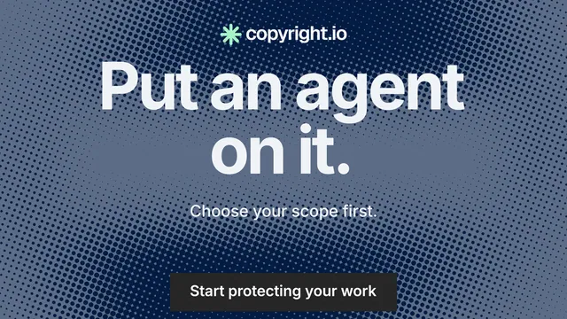 Landscape graphic for copyright.io: "Put an agent on it." Swiss style, centred layout, dark palette in blue, grey.