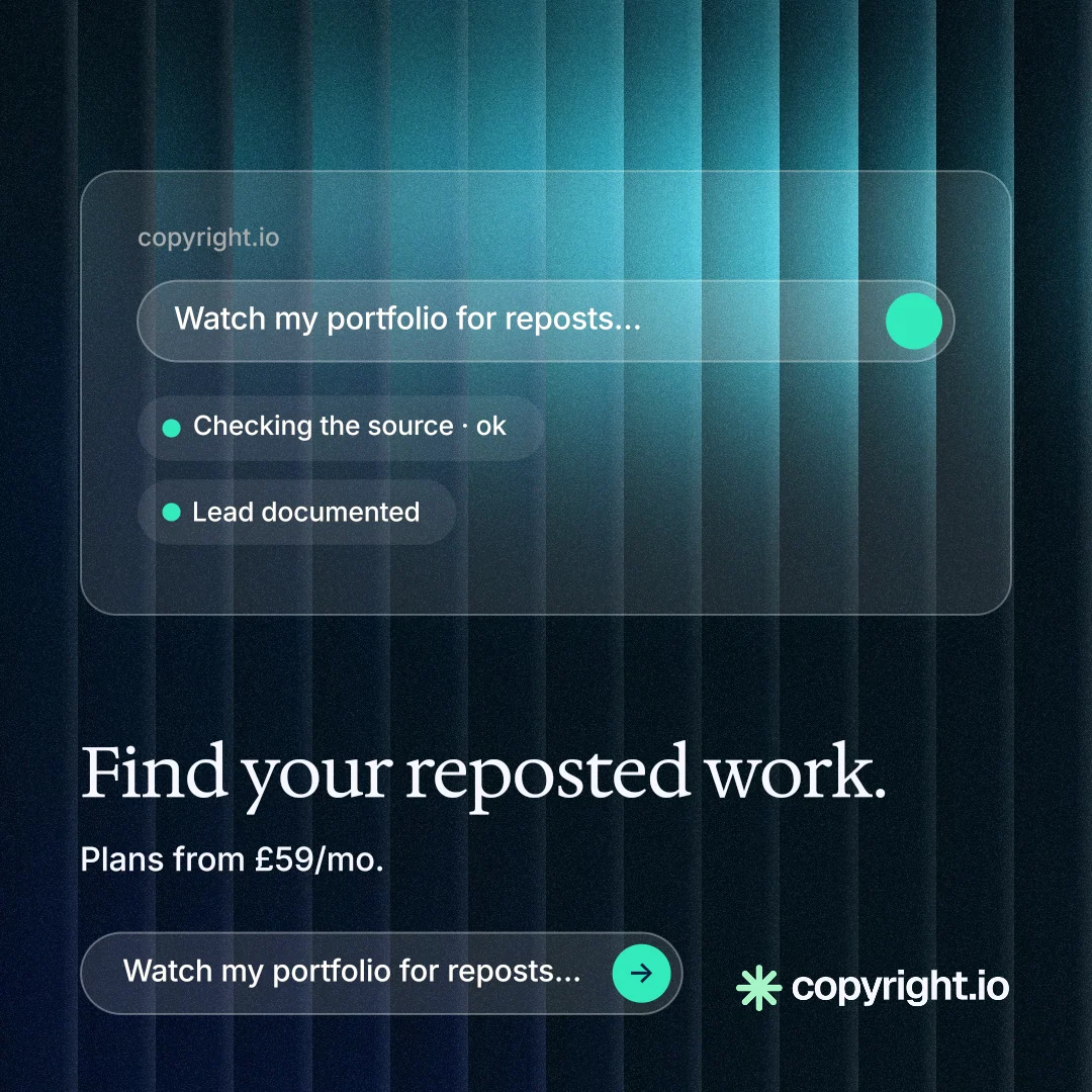 Instagram post for copyright.io: "Find your reposted work." Agentic glass style, bottom layout, dark palette in black, blue, teal.