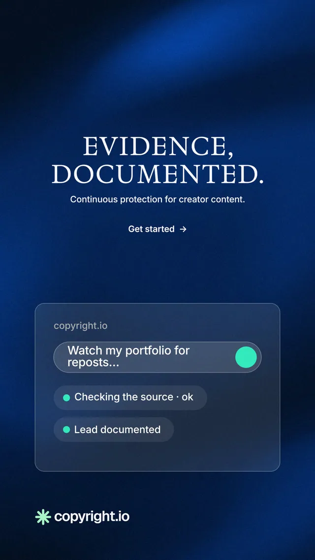 Instagram story for copyright.io: "Evidence, documented." Minimal luxury style, centred layout, dark palette in blue, black.