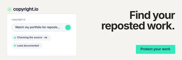 X header for copyright.io: "Find your reposted work." Swiss style, right layout, light palette in white, teal.