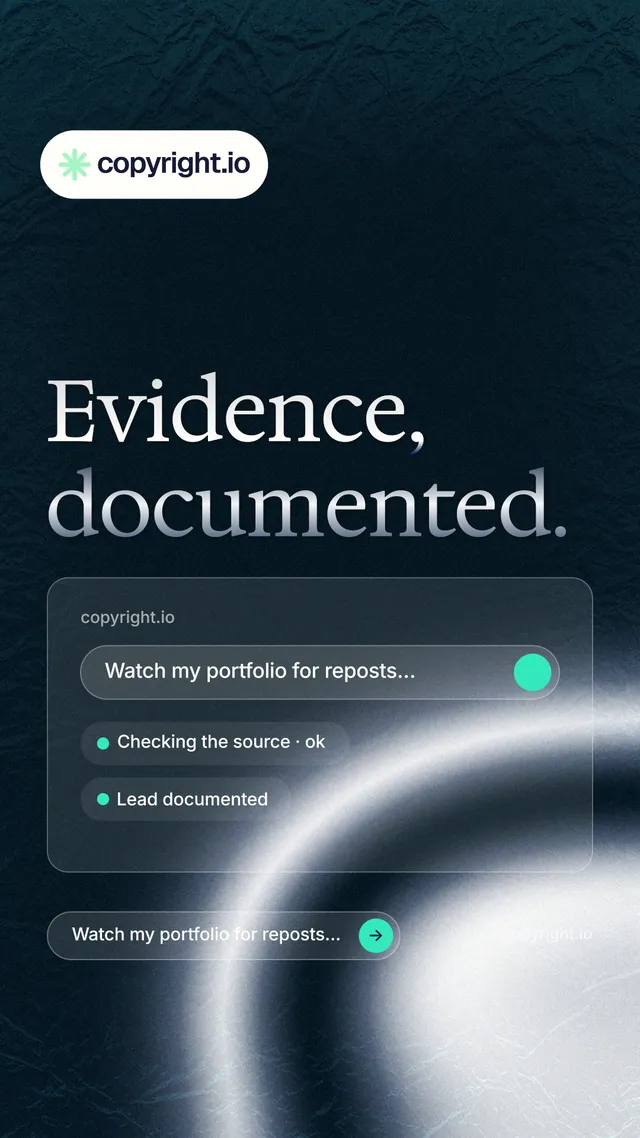 Instagram story for copyright.io: "Evidence, documented." Agentic glass style, poster layout, dark palette in blue, black, grey.