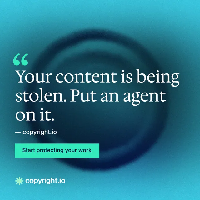 Instagram post for copyright.io: "Reposts don't remove themselves." Swiss style, quote layout, dark palette in blue, teal.