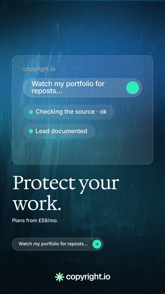 Instagram story for copyright.io: "Protect your work." Agentic glass style, bottom layout, dark palette in blue, black.