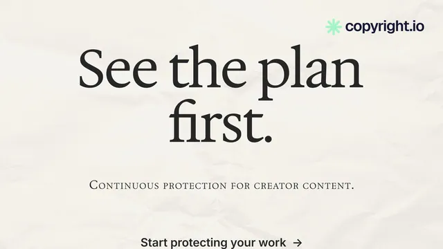 Landscape graphic for copyright.io: "See the plan first." Swiss style, smallcaps layout, light palette in white, grey.