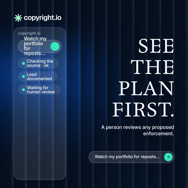 Instagram post for copyright.io: "See the plan first." Agentic glass style, right layout, dark palette in black, blue.