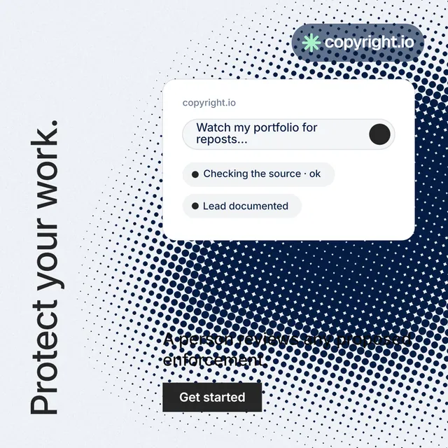 Instagram post for copyright.io: "Protect your work." Split block style, vertical layout, light palette in white, blue, grey.