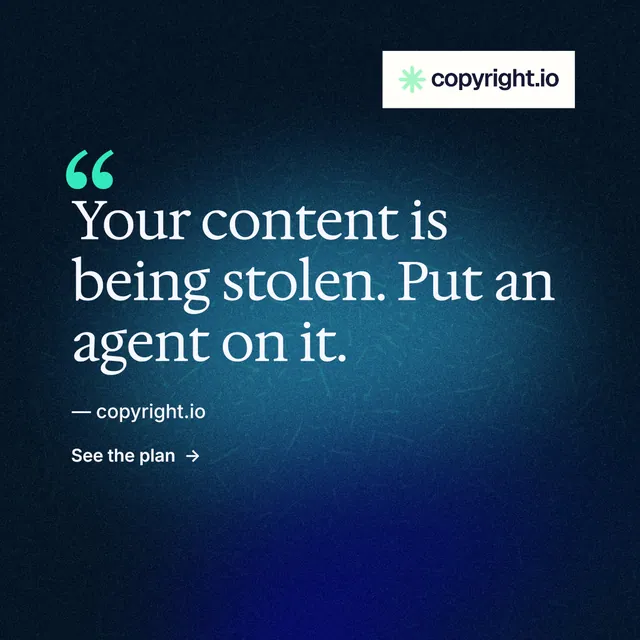 Instagram post for copyright.io: "Protect your work." Minimal luxury style, quote layout, dark palette in black, blue.