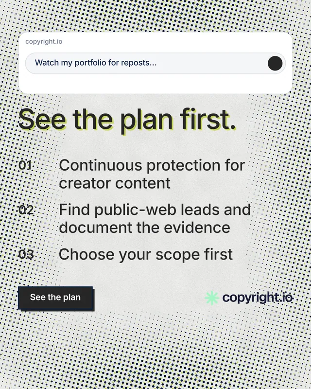 Instagram portrait post for copyright.io: "See the plan first." Brutalist style, numbered layout, light palette in grey, white.