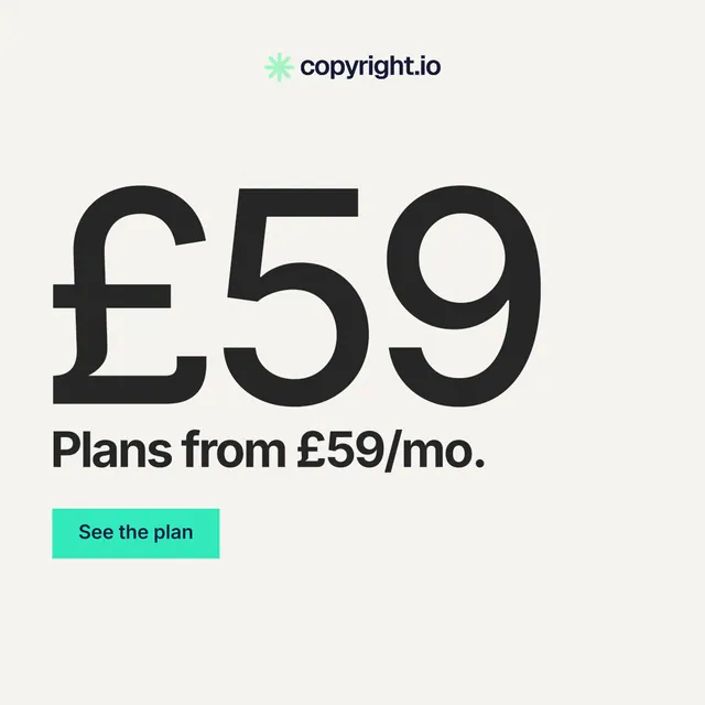 Instagram post for copyright.io: "See the plan first." Swiss style, stat layout, light palette in white, grey.