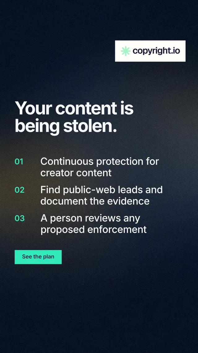 Instagram story for copyright.io: "Your content is being stolen." Swiss style, numbered layout, dark palette in blue, black, grey.