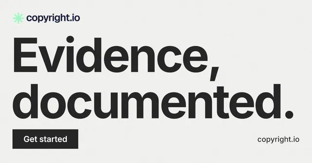 Social ad for copyright.io: "Evidence, documented." Swiss style, poster layout, light palette in white, grey, green.