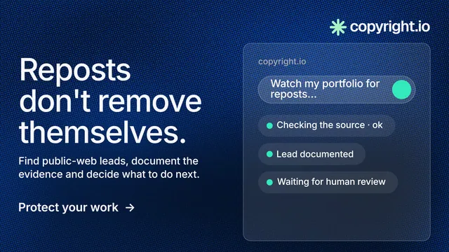 Landscape graphic for copyright.io: "Reposts don't remove themselves." Minimal luxury style, bottom layout, dark palette in blue.