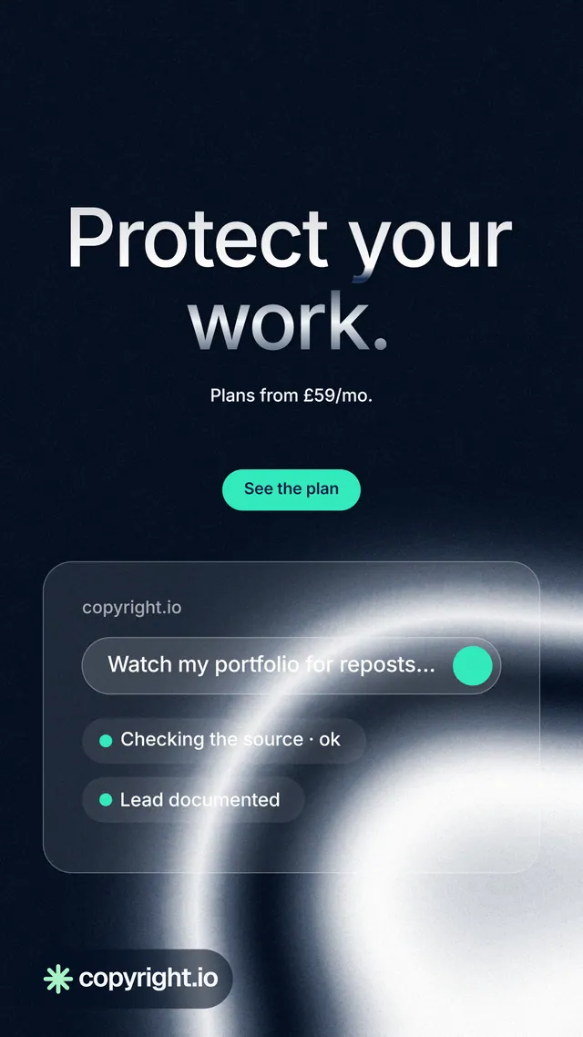 Instagram story for copyright.io: "Protect your work." Y2K style, centred layout, dark palette in black, blue, grey.