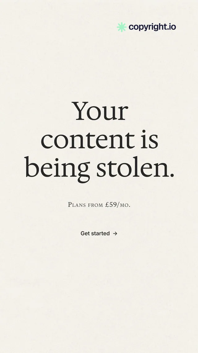 Instagram story for copyright.io: "Your content is being stolen." Minimal luxury style, smallcaps layout, light palette in white, grey.