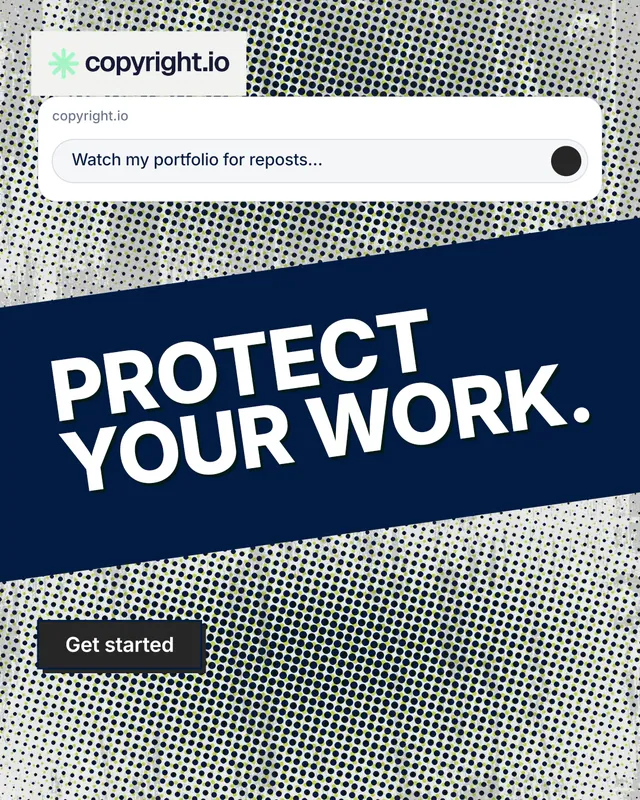 Instagram portrait post for copyright.io: "Protect your work." Brutalist style, diagonal layout, light palette in blue, grey, white.