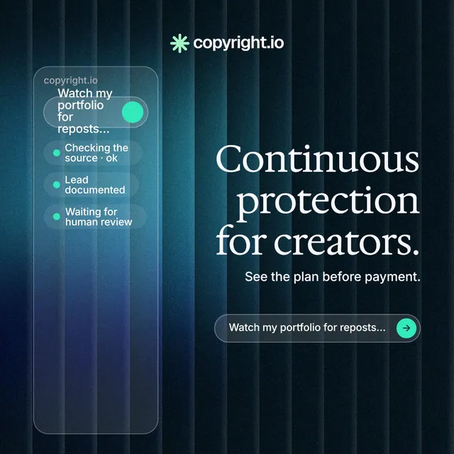 Instagram post for copyright.io: "Continuous protection for creators." Agentic glass style, right layout, dark palette in black, blue, teal.
