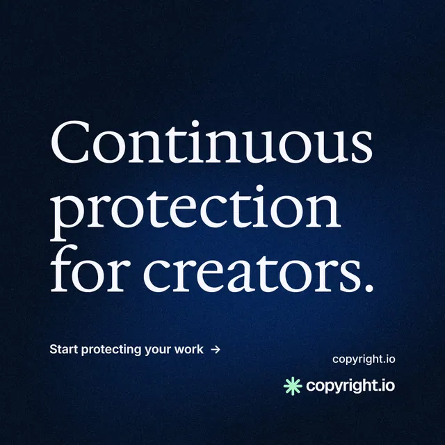 Instagram post for copyright.io: "Continuous protection for creators." Minimal luxury style, poster layout, dark palette in black, blue, grey.
