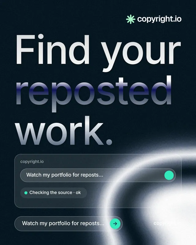 Instagram portrait post for copyright.io: "Find your reposted work." Agentic glass style, poster layout, dark palette in black, blue, grey.