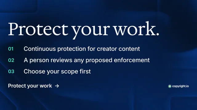 Landscape graphic for copyright.io: "Protect your work." Minimal luxury style, numbered layout, dark palette in blue, black.