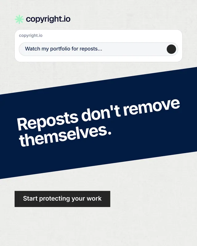 Instagram portrait post for copyright.io: "Reposts don't remove themselves." Swiss style, diagonal layout, light palette in blue, white, grey.