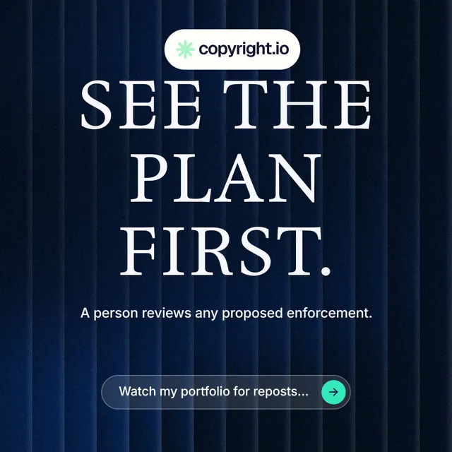 Instagram post for copyright.io: "See the plan first." Agentic glass style, centred layout, dark palette in black, blue, grey.