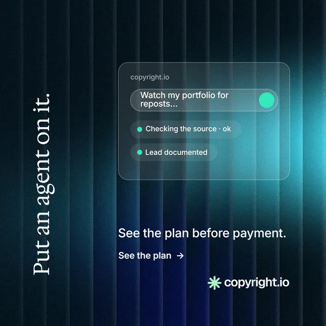 Instagram post for copyright.io: "Put an agent on it." Minimal luxury style, vertical layout, dark palette in black, blue, teal.