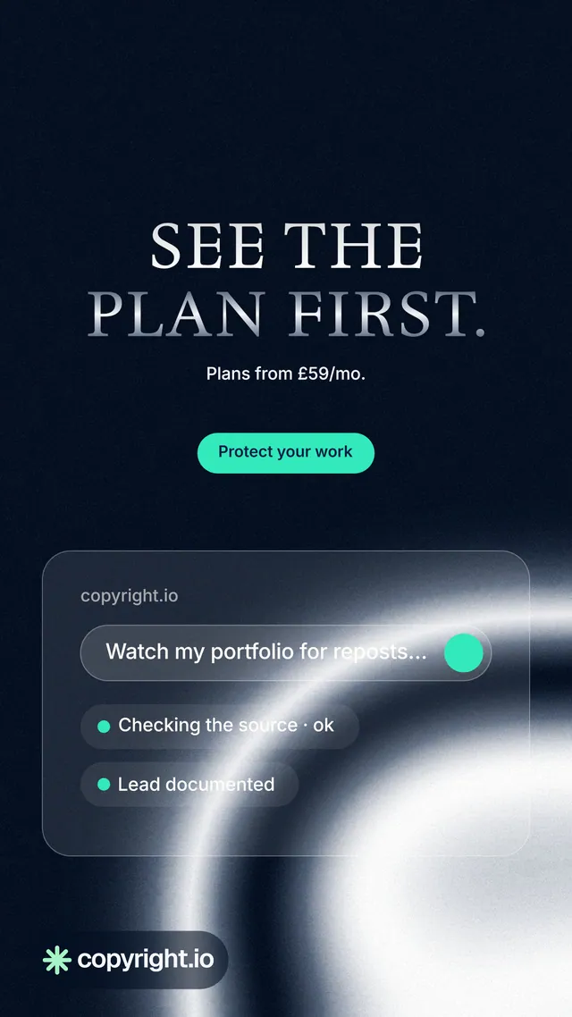 Instagram story for copyright.io: "See the plan first." Y2K style, centred layout, dark palette in black, blue, grey.
