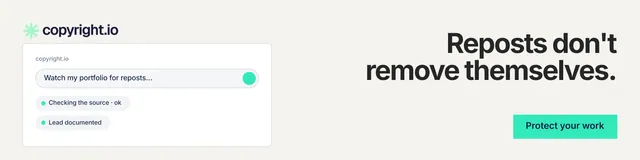 LinkedIn banner for copyright.io: "Reposts don't remove themselves." Swiss style, right layout, light palette in white, grey.