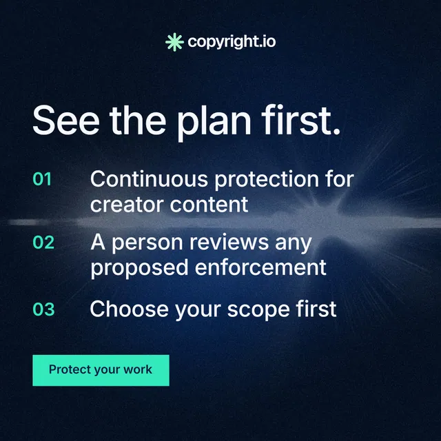 Instagram post for copyright.io: "See the plan first." Swiss style, numbered layout, dark palette in black, blue.