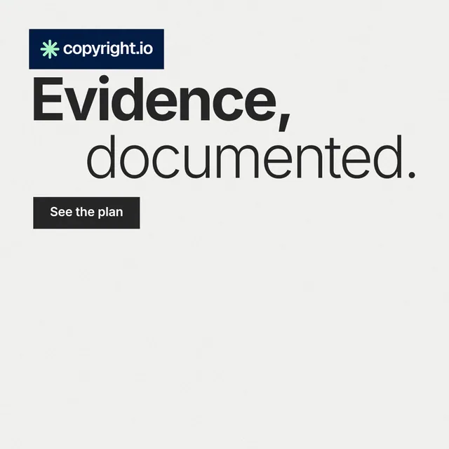 Instagram post for copyright.io: "Evidence, documented." Swiss style, stacked layout, light palette in white, grey.