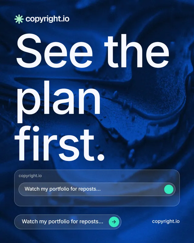 Instagram portrait post for copyright.io: "See the plan first." Agentic glass style, poster layout, dark palette in blue, black.