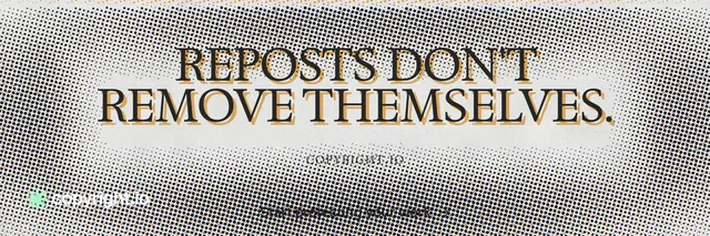 X header for copyright.io: "Reposts don't remove themselves." Brutalist style, smallcaps layout, light palette in grey, white.