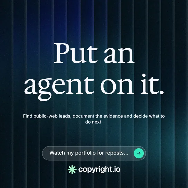 Instagram post for copyright.io: "Put an agent on it." Agentic glass style, centred layout, dark palette in black, blue, grey.