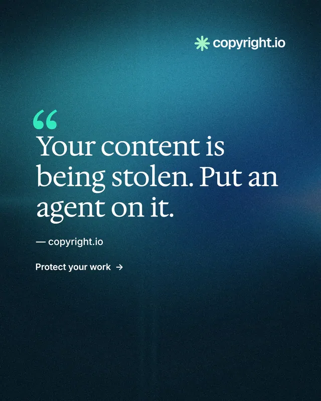 Instagram portrait post for copyright.io: "Reposts don't remove themselves." Minimal luxury style, quote layout, dark palette in black, blue, teal.