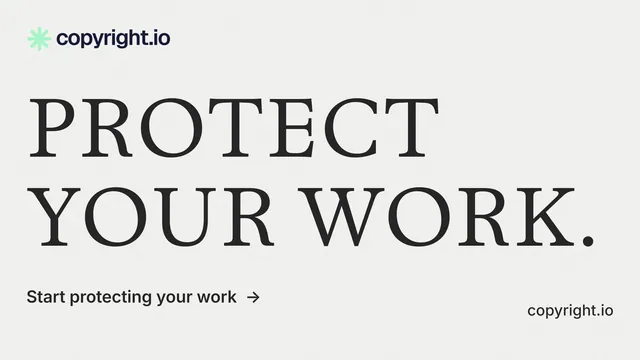 Landscape graphic for copyright.io: "Protect your work." Minimal luxury style, poster layout, light palette in white, grey.