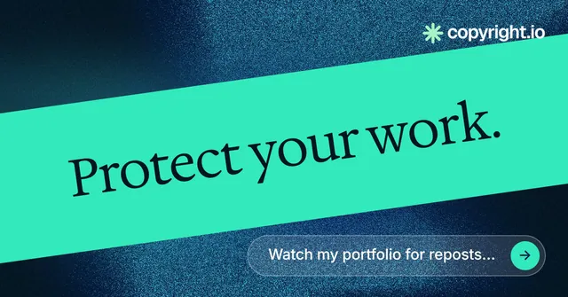 Social ad for copyright.io: "Protect your work." Agentic glass style, diagonal layout, light palette in teal, blue.
